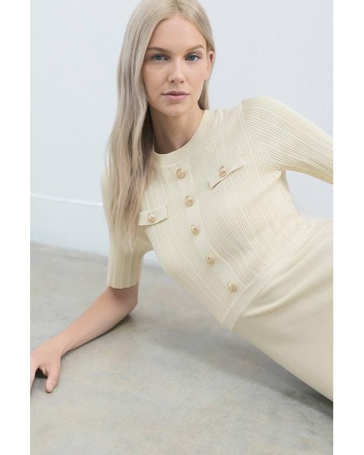 Karen Millen White Forever Rib Knit Military Trim Maxi Dress