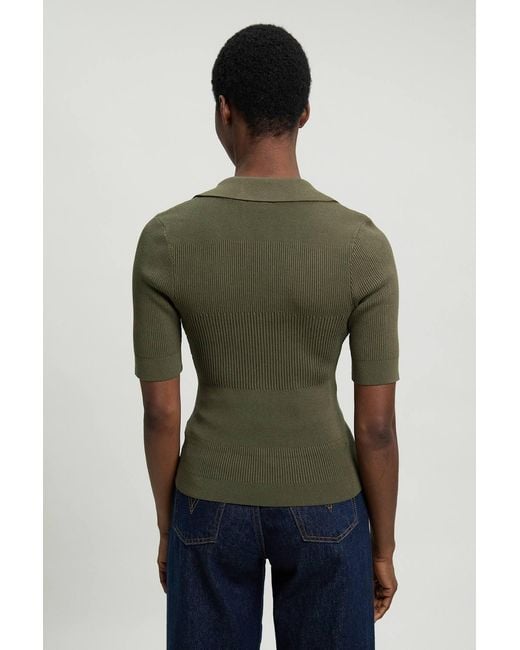 Karen Millen Green Military Trim Rib Knit Short Sleeve Collared Top