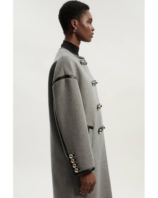 Karen Millen Gray Brushed Wool Pu Mix Tailored Collarless Midi Coat
