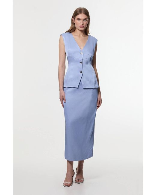 Karen Millen Blue Premium Viscose Linen Tailored Ruffle Pencil Midi Dress