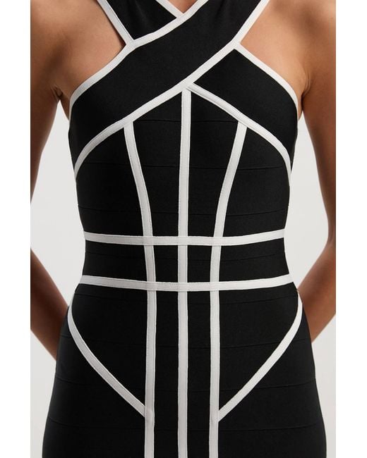 Karen Millen Black Bandage Knit Contrast Cross Front Dress