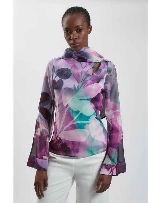 Karen Millen Purple Photographic Floral Organza Scarf Detail Woven Flute Sleeve Blouse