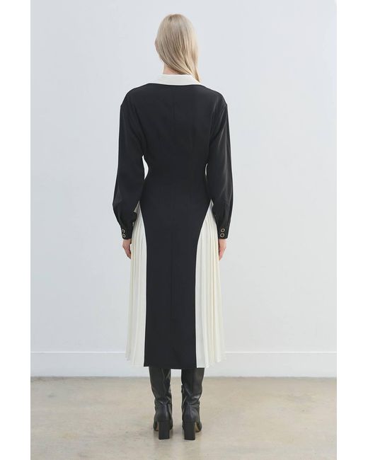 Karen Millen Black Forever Tailored Crepe Colour Block Belted Pleated Midi Dress