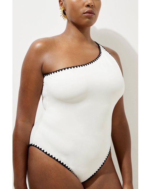 Karen Millen White Plus Size Contrast Stitch One Shoulder Swimsuit