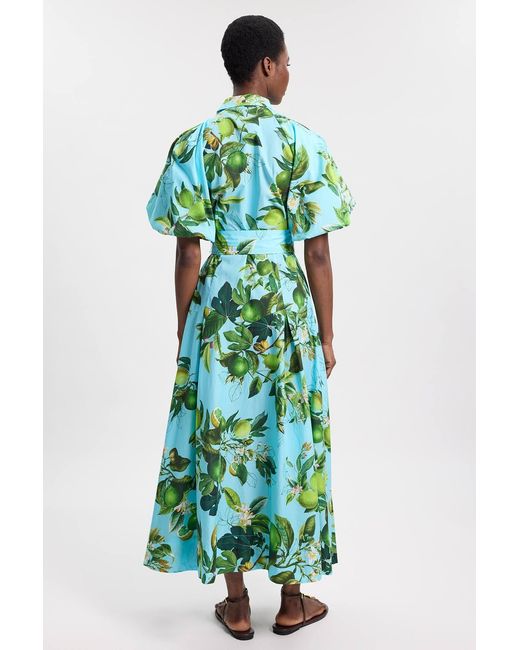 Karen Millen Green Lime Print Cotton Puff Sleeve Woven Midi Shirt Dress With Dropped Waist Detail