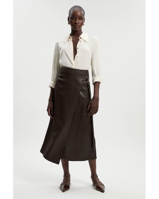 Karen Millen White Faux Leather Tie Detail Wrap Midi Skirt