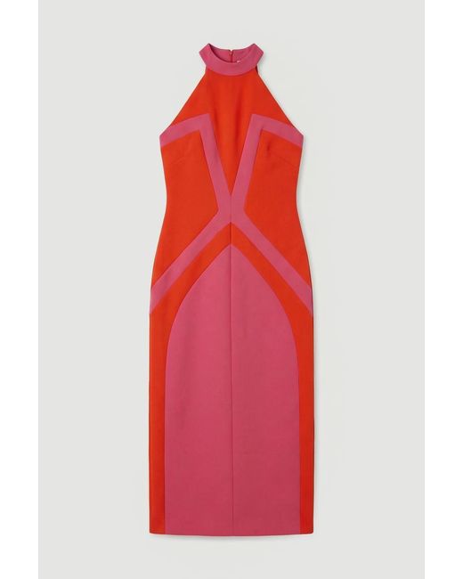 Karen Millen Compact Stretch Colour Block Tailored Halter Neck Midi Dress
