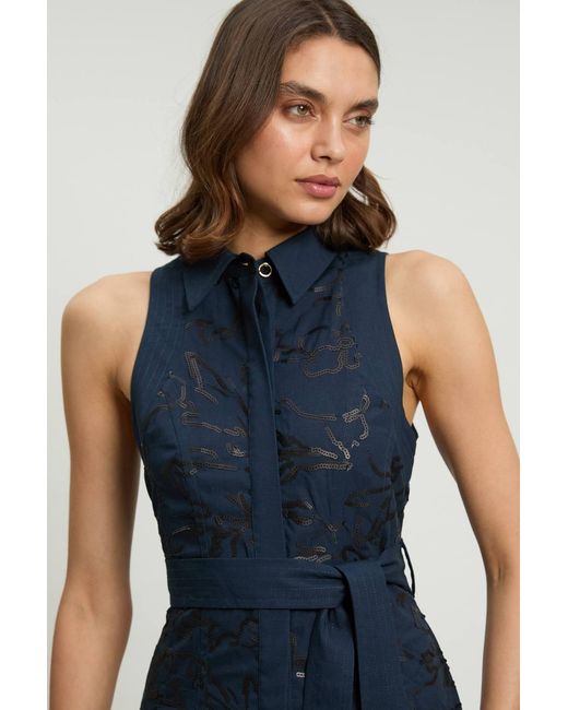 Karen Millen Blue Linen Matte Sequin Collared Midi Dress