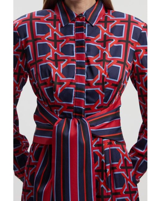 Karen Millen Geo Print Hammered Satin Tie Waist Woven Midi Dress