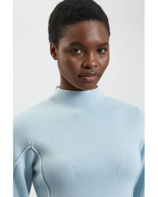Karen Millen Blue Knit Wool Look Rounded Sleeve High Neck Jumper