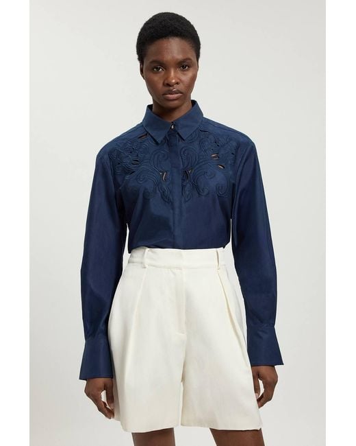 Karen Millen Blue Cotton Poplin Cutwork Shirt