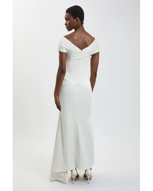 Karen Millen White Petite Tailored Satin Drape Asymmetric Maxi Fishtail Dress