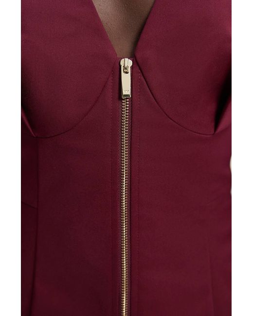 Karen Millen Red Techno Cotton Short Sleeve Zip Detail Woven Mini Dress