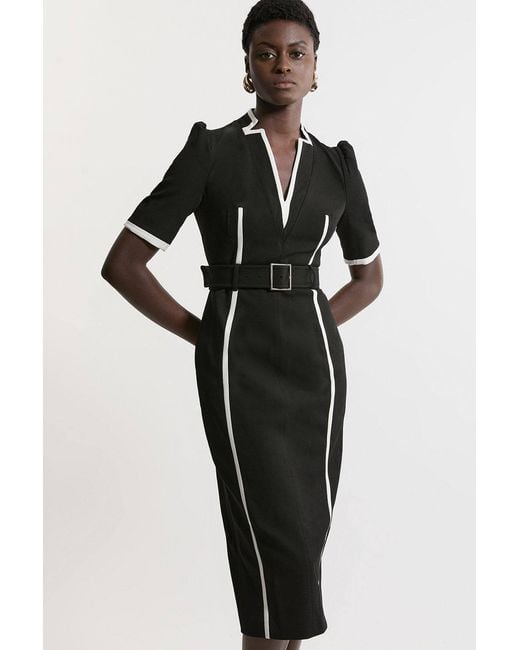 Karen Millen Black Compact Stretch Contrast Tipped Forever Belted Tailored Midi Dress