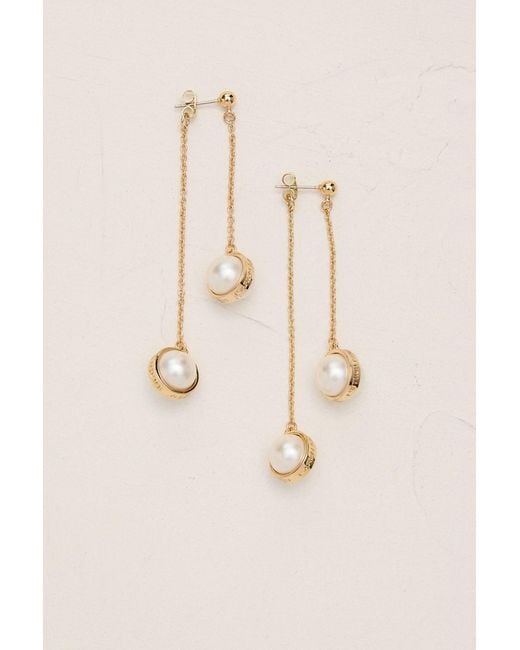Karen Millen Brown 14K Plated Logo Pearl Double Drop Earrings