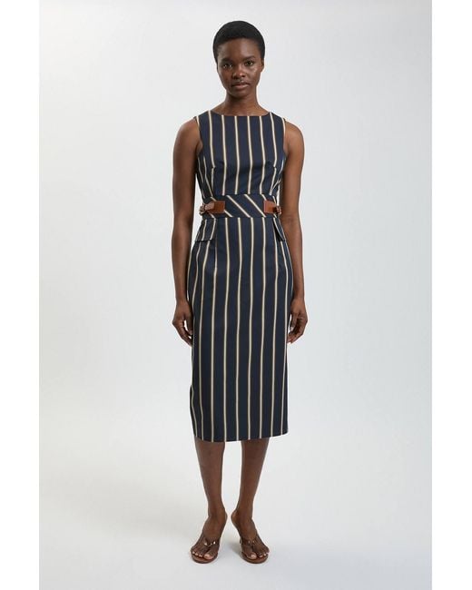 Karen Millen Blue Stripe Side Tab Pencil Midi Dress