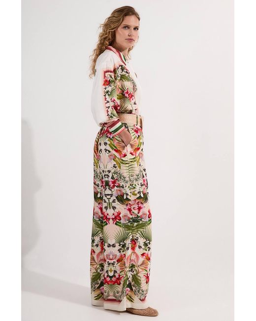 Karen Millen White Mirrored Viscose Linen Floral Print With Raffia Belt Woven Trouser