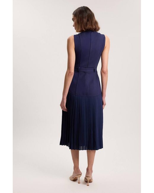 Karen Millen Blue Ponte And Textured Georgette Button Mix Cut Out Detail Pleated Maxi Dress