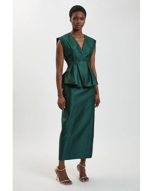 Karen Millen Green Structured Satin Peplum Midi Dress