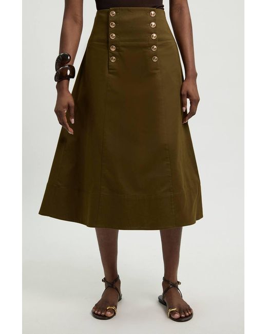 Karen Millen Green Cotton Tailored Button Detail Midi Skirt
