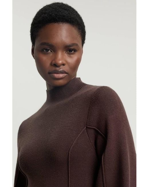 Karen Millen Brown Wool Look Rounded Sleeve High Neck Knit Midi Dress