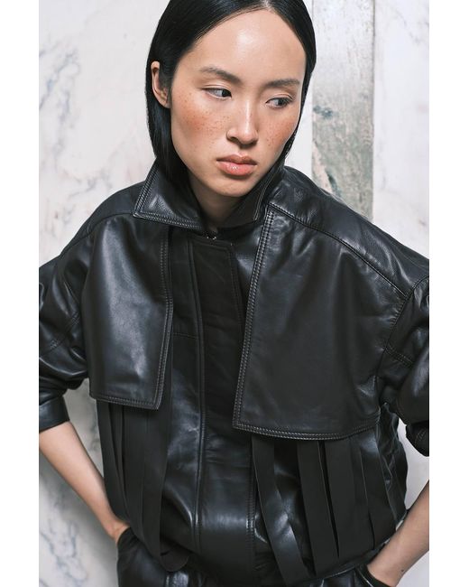 Karen Millen Black Leather Tassel Collared Jacket