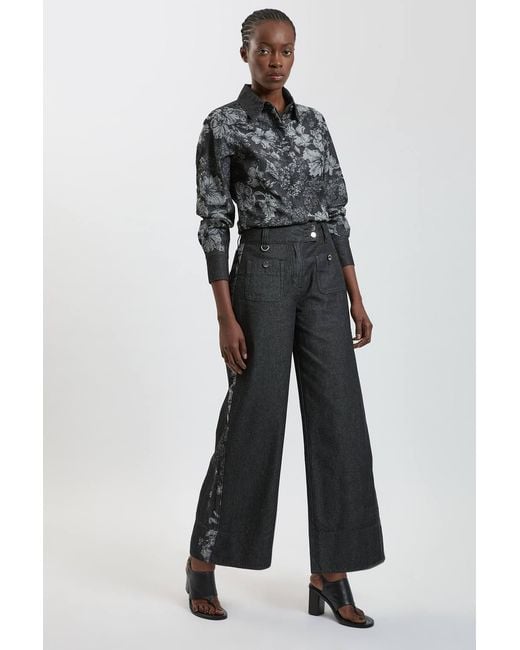 Karen Millen Black Jacquard Denim Contrast Collar And Cuff Shirt