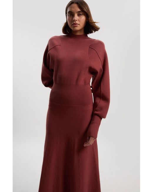 Karen Millen Red Wool Look Rounded Sleeve Knit Midi Dress