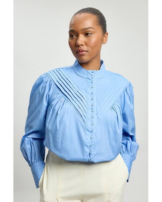 Karen Millen Blue Plus Size Cotton Pleated High Neck Balloon Sleeve Woven Blouse