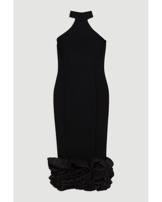 Karen Millen Black Figure Form Bandage Ruffle Hem Halter Knit Midi Dress