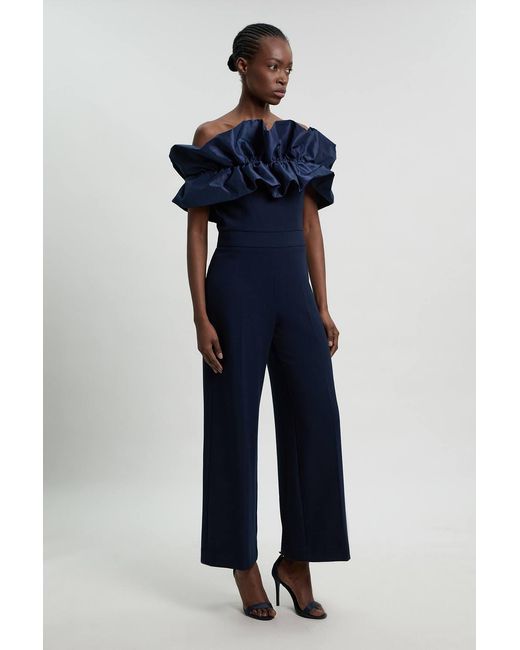 Karen Millen Blue Tafetta Ruffle Bardot Jumpsuit