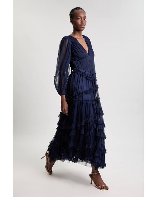 Karen Millen Blue Tulle Layered Long Sleeve Maxi Dress