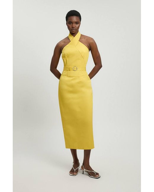 Karen Millen Metallic Tailored Cotton Sateen Pencil Belted Midi Dress