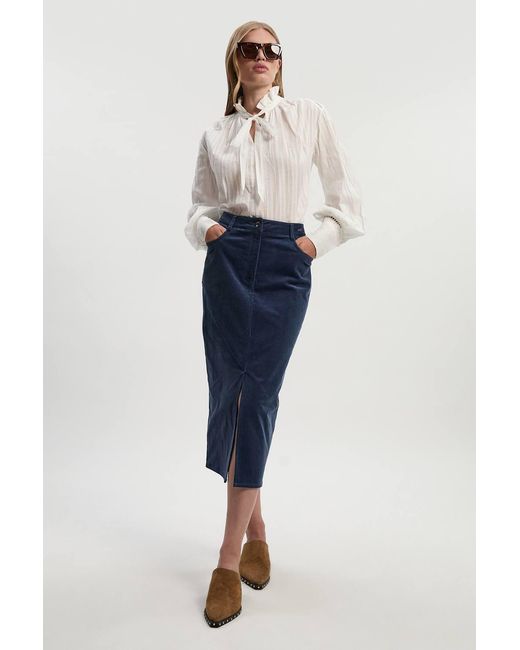 Karen Millen Blue Stretch Cord Midi Pencil Skirt