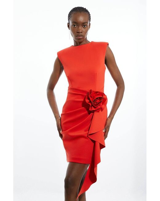 Karen Millen Red Scuba Rosette Detail Woven Mini Dress