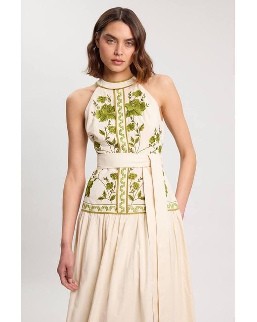 Karen Millen Natural Rose Embroidered Cotton Twill Woven Maxi Dress