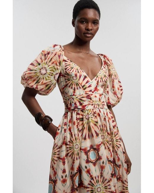 Karen Millen Multicolor Tile Print Silk Cotton Volume Sleeve Woven Maxi Dress