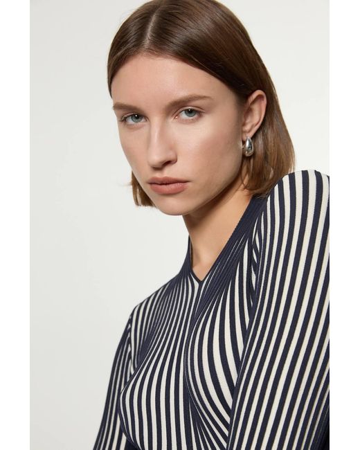 Karen Millen Blue Petite Stripe Fitted Long Sleeve Knitted Top