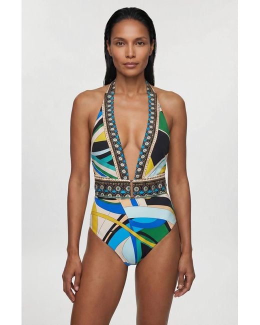 Karen Millen Blue Placement Print Swimsuit