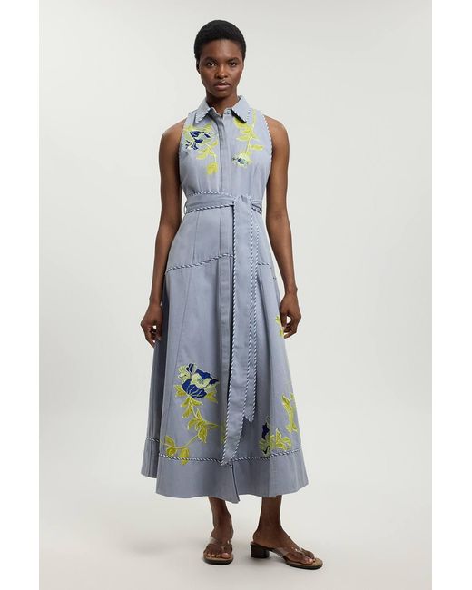 Karen Millen Blue Floral Applique Belted Midi Dress
