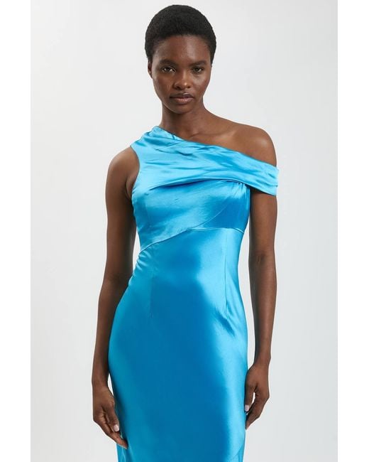 Karen Millen Blue Viscose Satin Asymmetric Shoulder Maxi Dress
