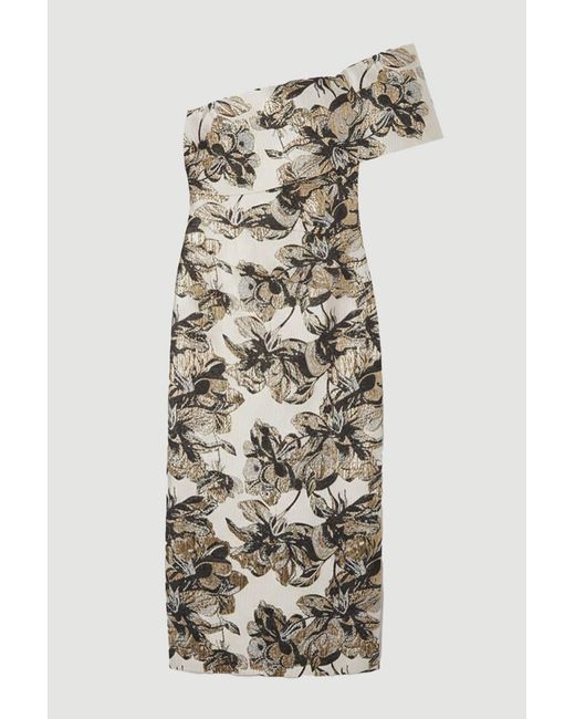 Karen Millen Multicolor Floral Jacquard Asymmetric Neck Pencil Dress