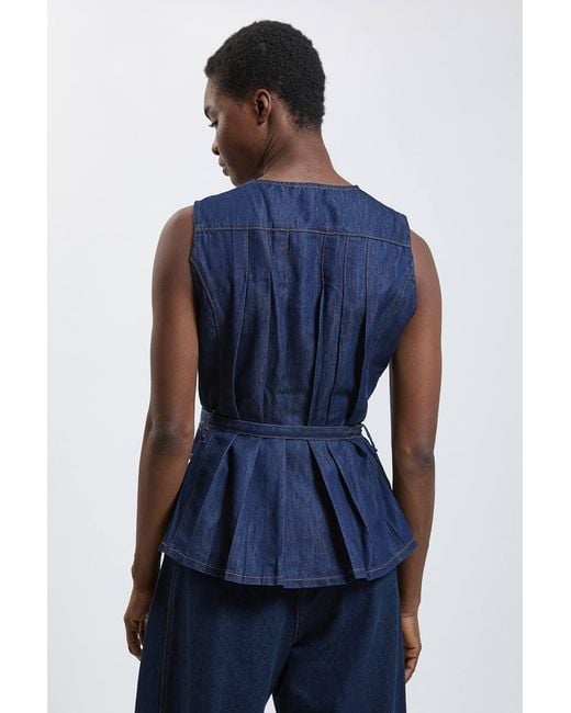 Karen Millen Blue Utility Denim Pleated Sleeveless Top