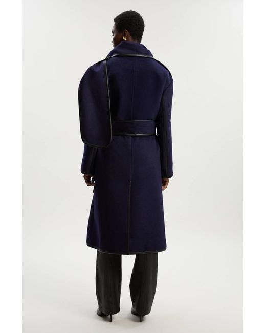 Karen Millen Blue Brushed Wool Pu Mix Scarf Neck Belted Tailored Maxi Coat