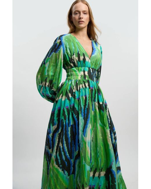 Karen Millen Green Animal Silk Cotton Plunge Maxi Dress