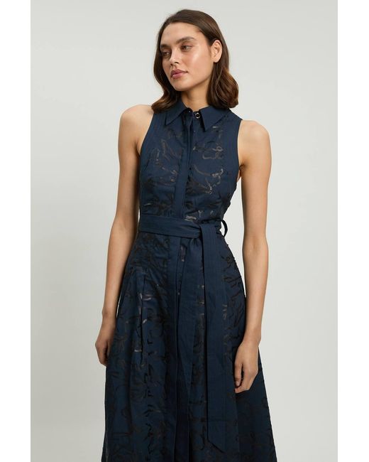 Karen Millen Blue Linen Matte Sequin Collared Midi Dress