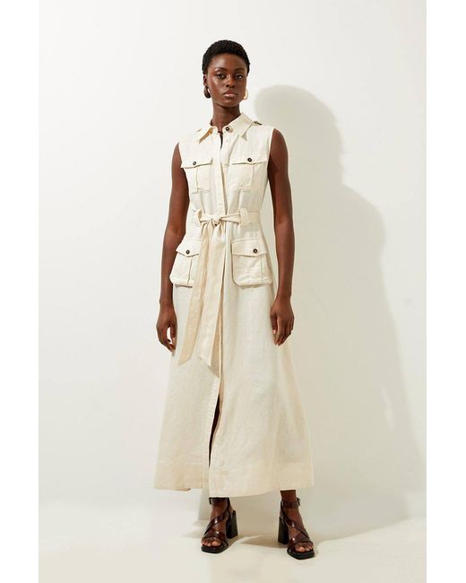 Karen Millen Natural Viscose Linen Woven Sleeveless Shirt Midi Dress