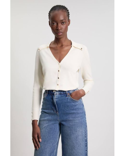 Karen Millen Blue Viscose Blend Popper Detail Knit Collared Cardigan Sweater