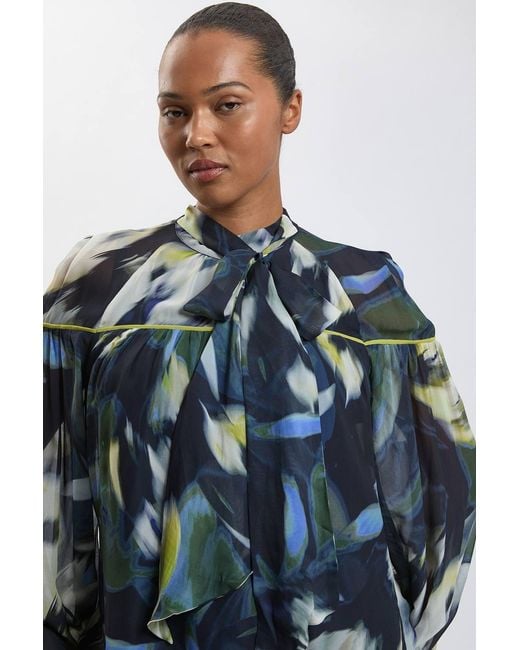 Karen Millen Blue Plus Size Viscose Floral Print Woven Tie Neck Blouse