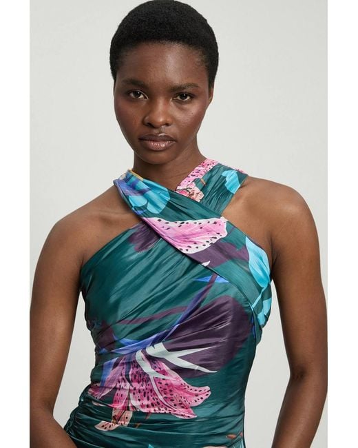 Karen Millen Blue Printed Metallic Floral Woven Maxi Dress